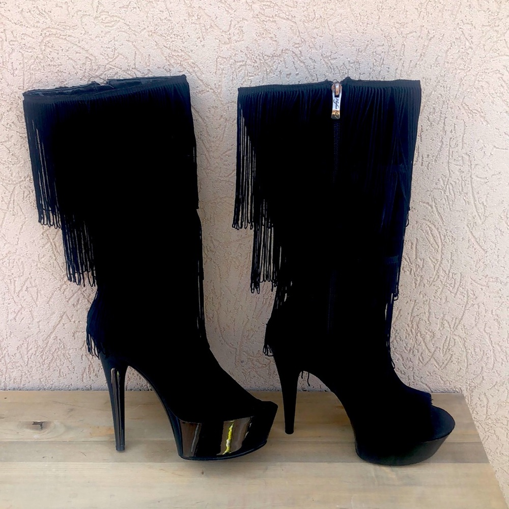 Highest heel black knee high boot fringe Sz 11